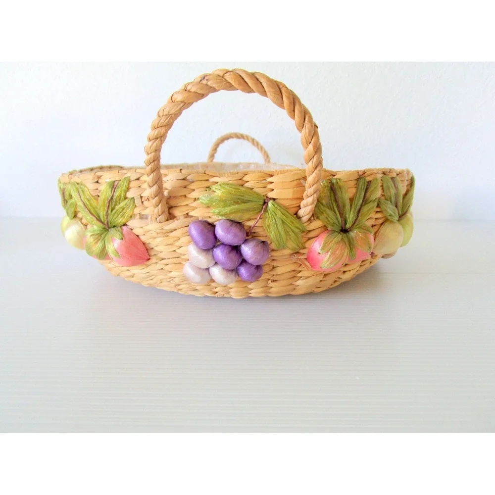 Vintage Raffia Woven Straw Basket Embroidered Fruit Grapes Handles Casserole